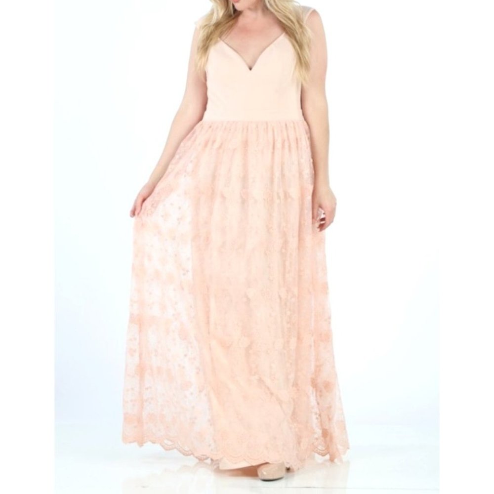 Maniju Cap Sleeve Lace Skirt V-Neck Maxi Dress Pink Size XXXL NWT
